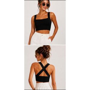 House of Harlow 1960 Black Ribbed Knit Crop Top Criss Cross Back M NWT